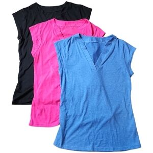 Set Three Cotton Cap Sleeve V-Neck Women's Basic Summer Tops Black Pink Blue | S